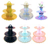 Three variations of a tiered cardboard cupcake stand featuring iridescent and pastel colors.