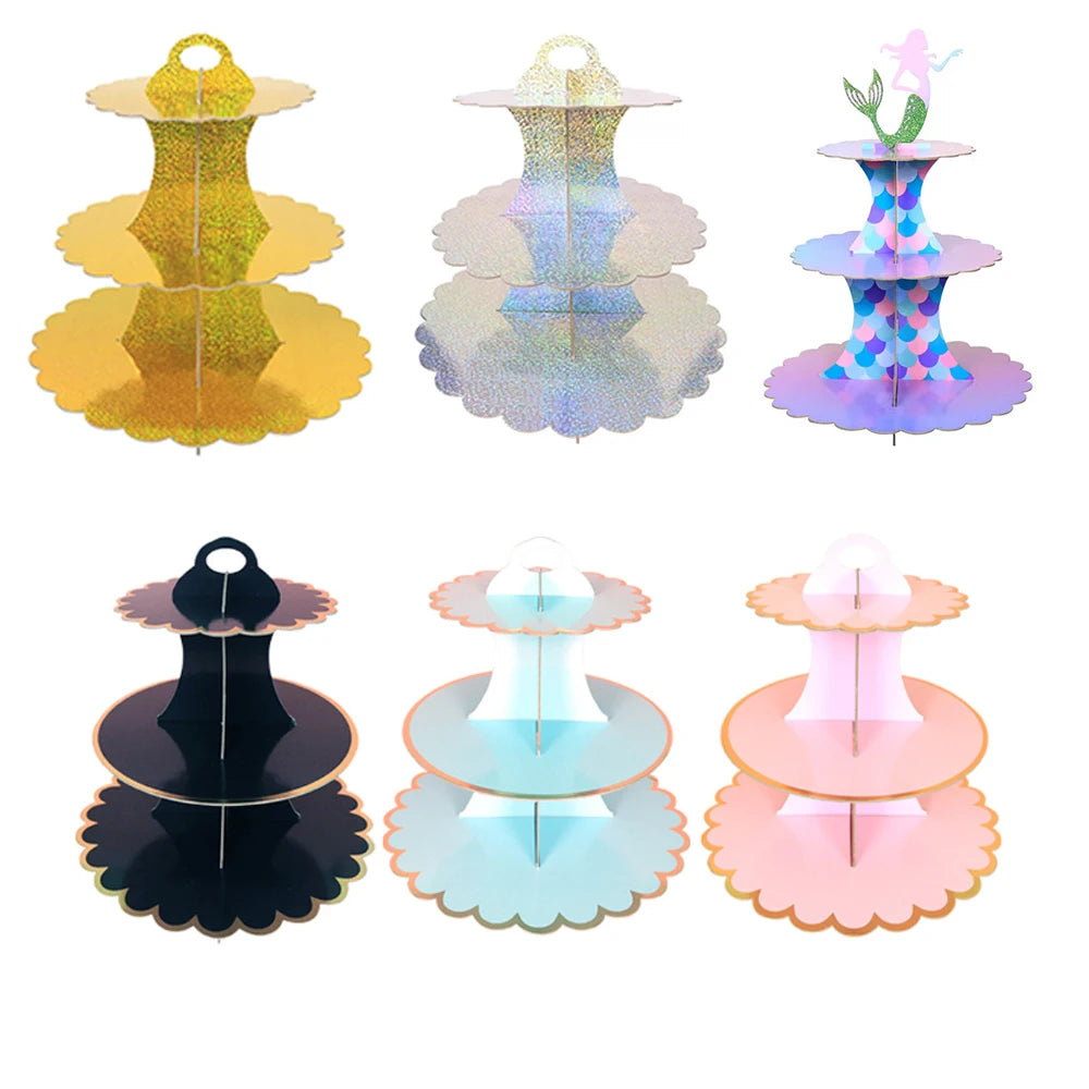 Three variations of a tiered cardboard cupcake stand featuring iridescent and pastel colors.