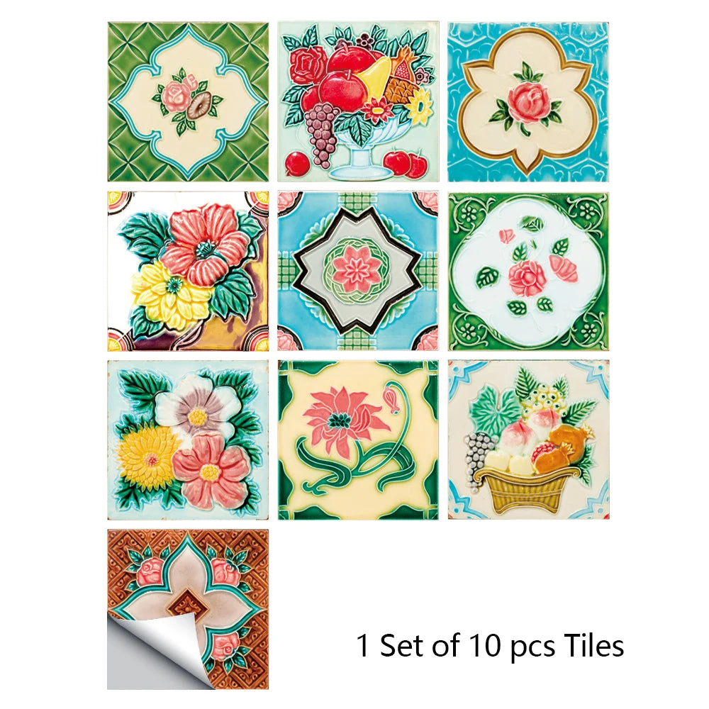 A set of ten colorful mandala tile stickers featuring floral and nature designs for decorative wall art