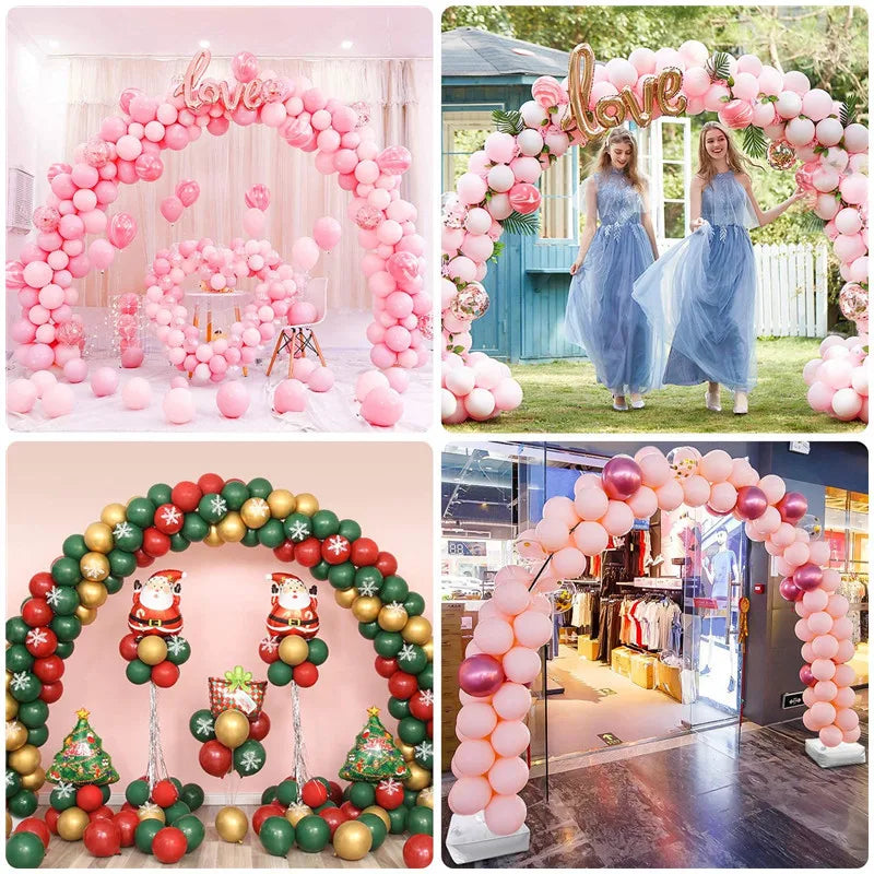 A collection of reusable pink and green balloon arches for parties and events.