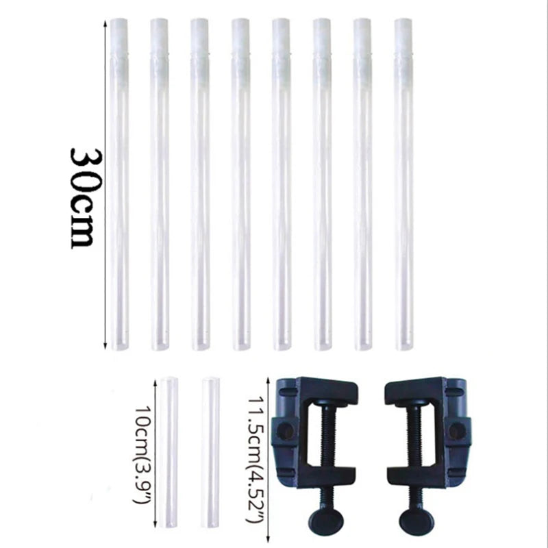 A set of clear plastic rods and black clamps for a reusable balloon arch kit.