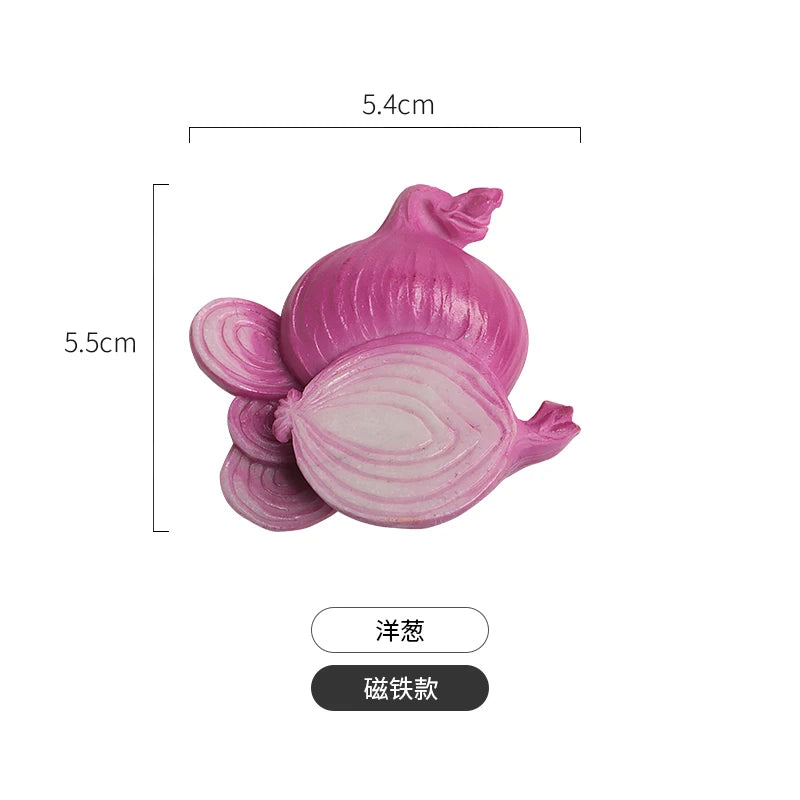A set of realistic, pink and white onion fridge magnets with a 5.4cm length.