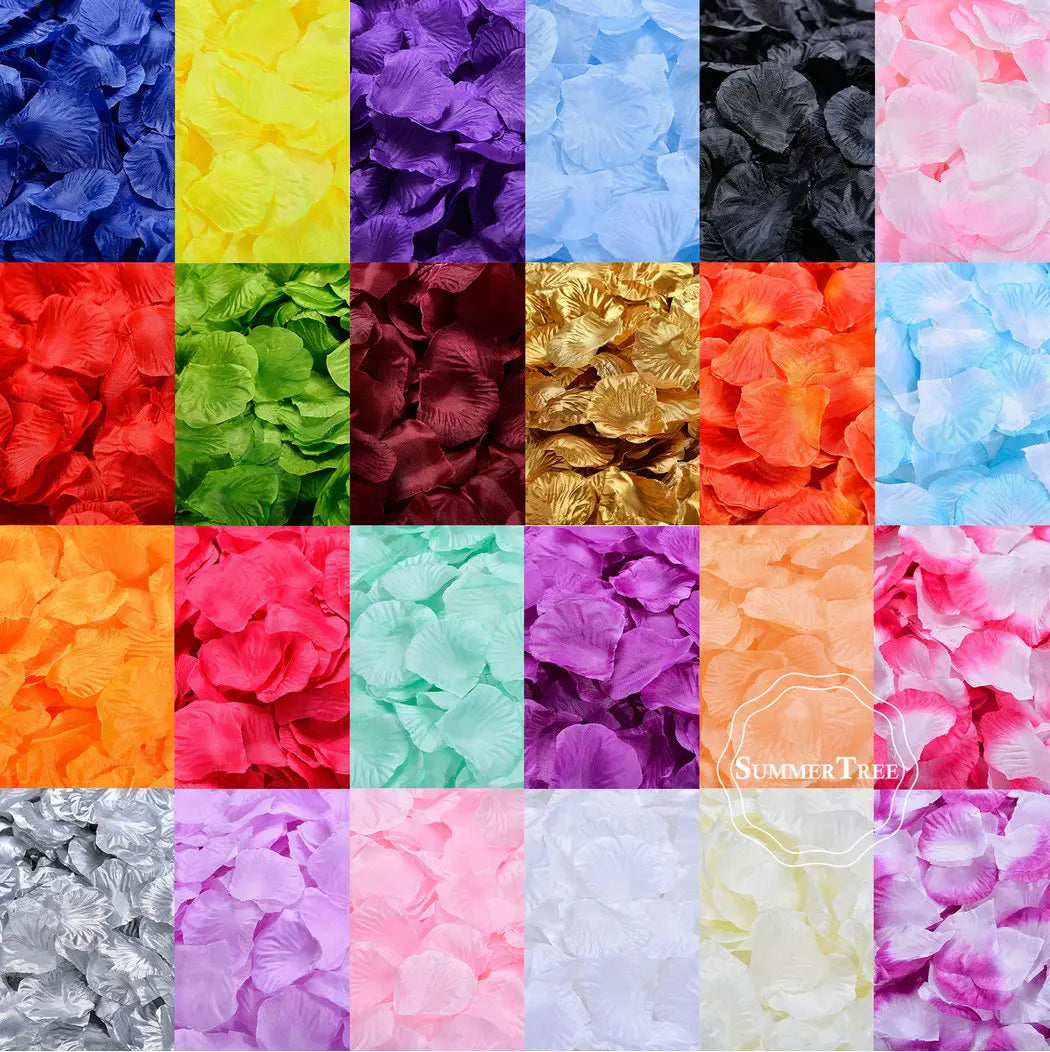 A grid of colorful silk rose petals in various shades including blue, purple, yellow, orange, and pink.