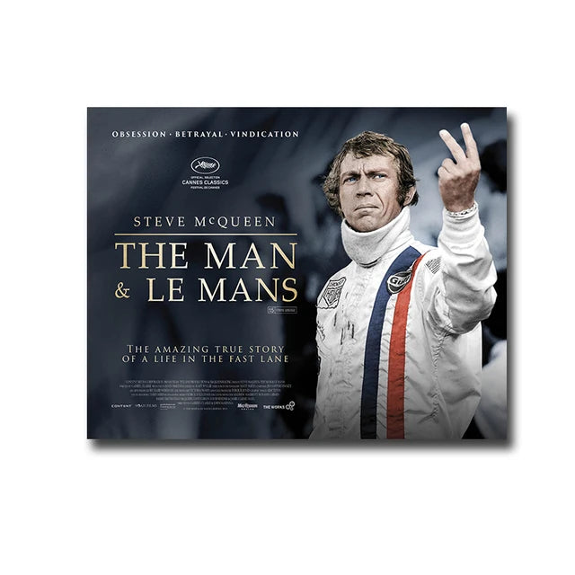 A movie poster for The Man & Le Mans featuring Steve McQueen and a racing scene.
