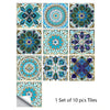 A set of ten decorative mandala tiles featuring intricate blue, teal, and gold patterns for wall art.