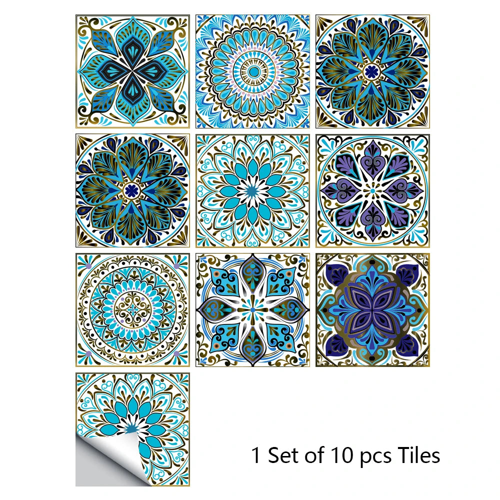 A set of ten decorative mandala tiles featuring intricate blue, teal, and gold patterns for wall art.