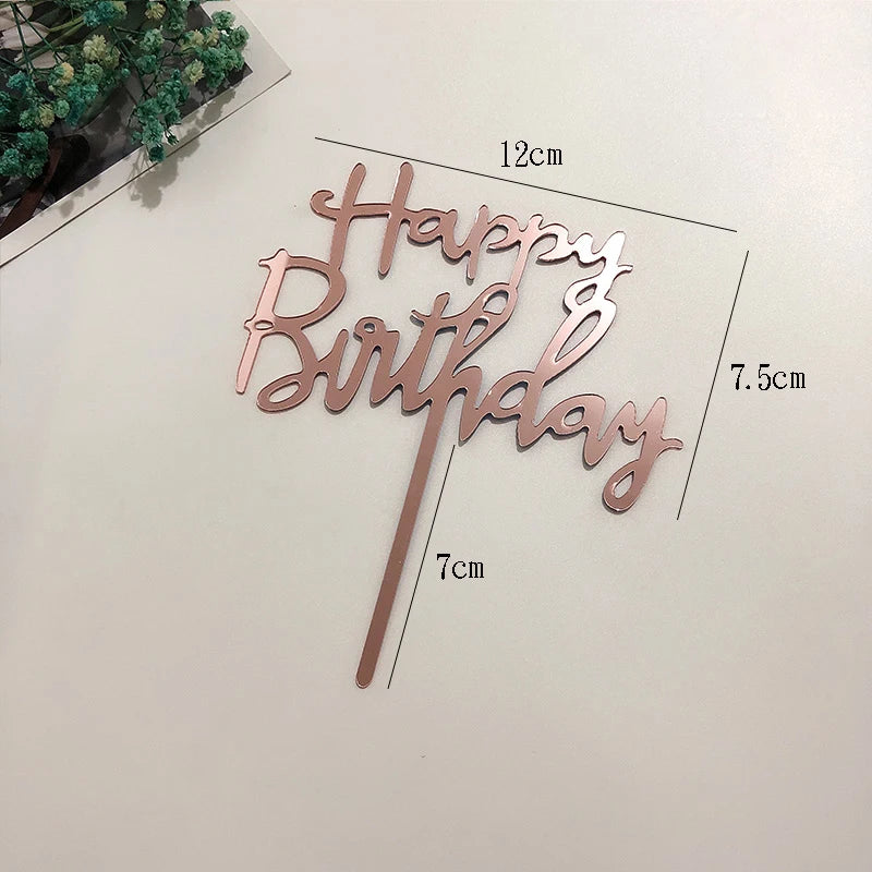 Rose gold acrylic happy birthday cake topper with measurements and greenery