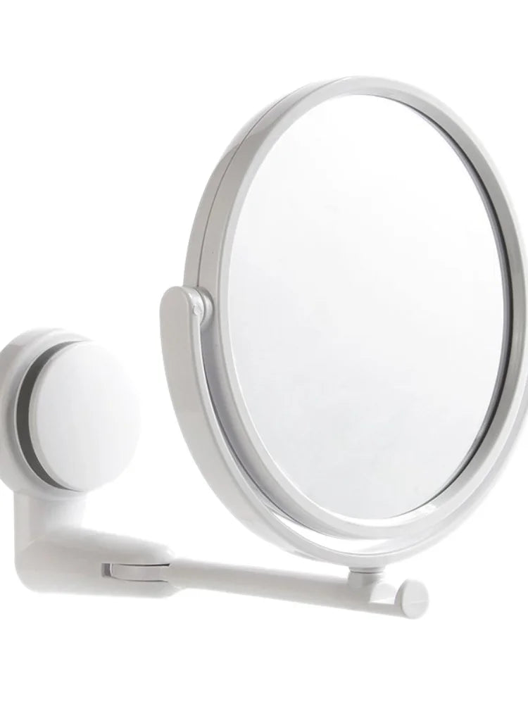 A white 360° rotating wall-mounted vanity mirror with an HD magnification lens.