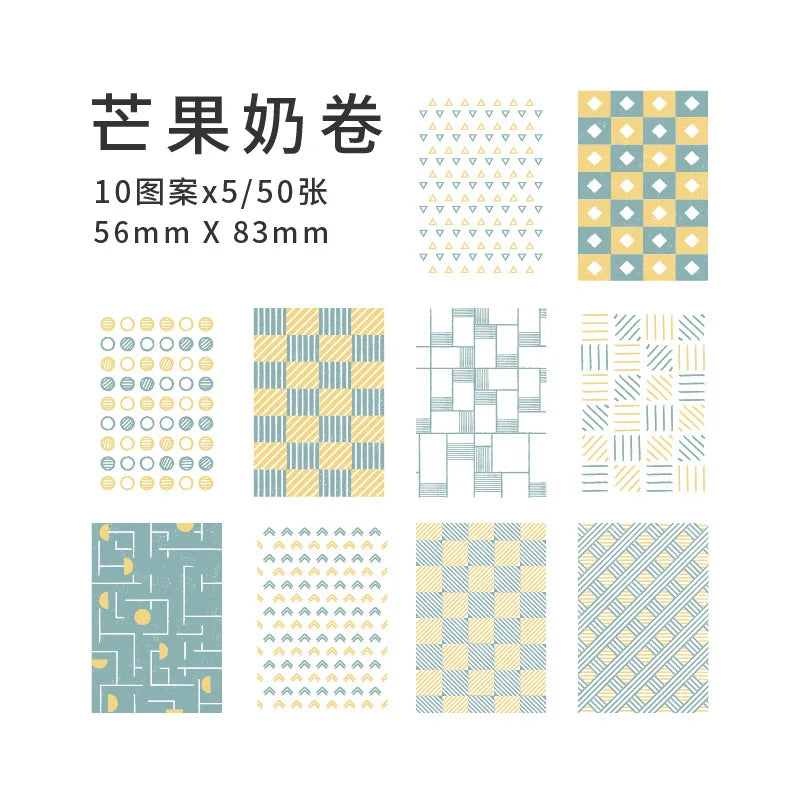 A pack of 50 decorative memo pads and cards made of patterned paper in yellow and blue tones.