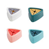 Four suction cup towel holders in white, teal, pink, and light blue with wooden accents.