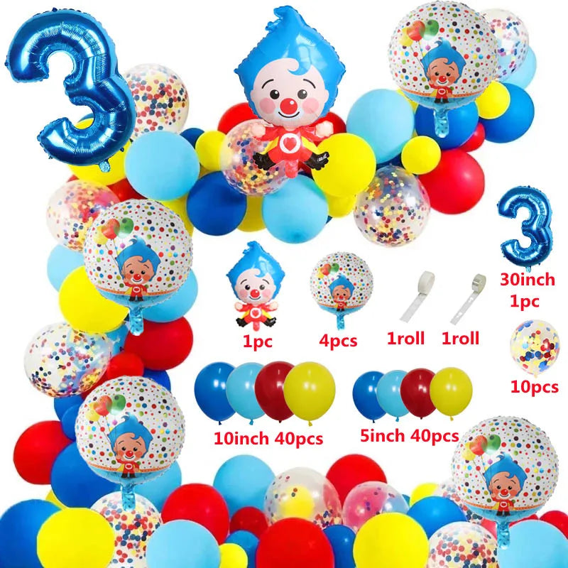 A colorful party balloon set featuring cartoon clown designs in various colors and sizes.