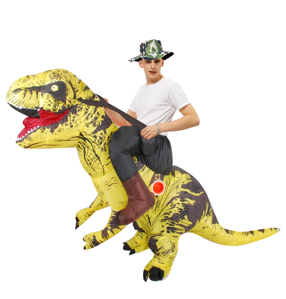 A man wearing a T-Rex inflatable costume and a camouflage hat is posing with the yellow dinosaur figure.