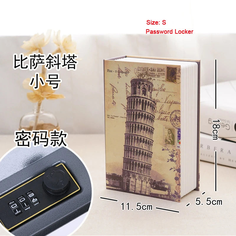A small book safe with a password locker and combination lock shown next to a book.