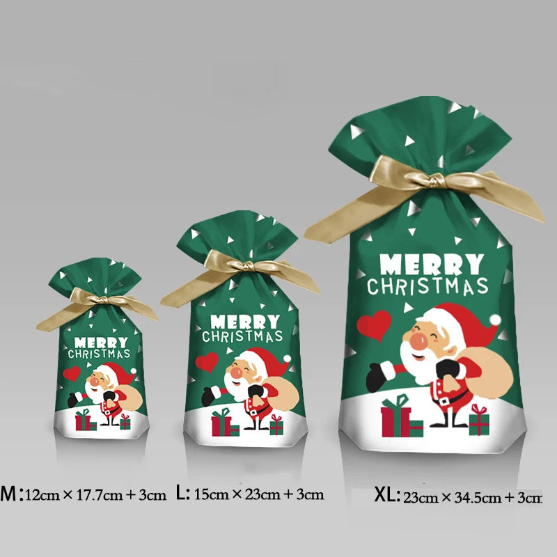 Festive Christmas drawstring gift bags featuring snowflake and Santa designs in green and gold.