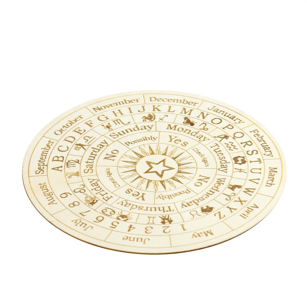 A wooden constellation pendulum board showing zodiac signs and months arranged in a circular pattern.