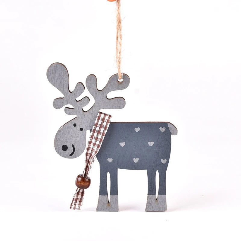 Hand-painted wooden deer ornament with antlers and a body, featuring gray and white paint.