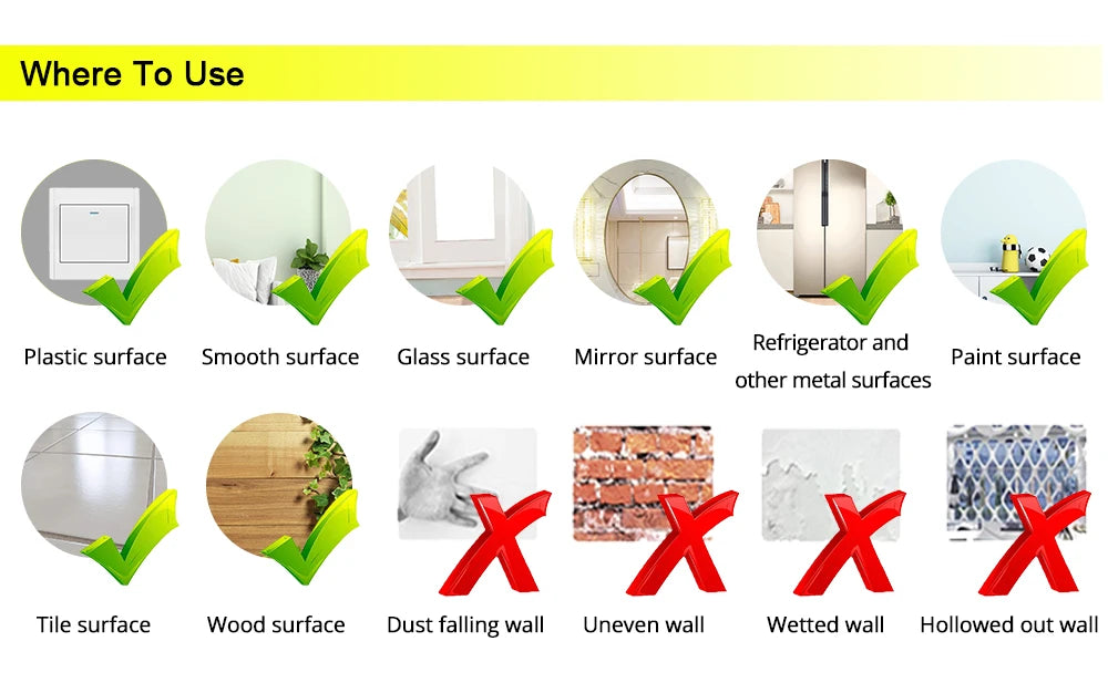 Guide showing where to use a vinyl sticker for home decor on various surfaces like plastic glass mirror metal paint tile wood