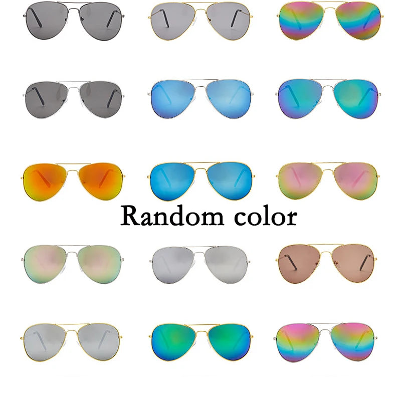 A collection of various colored pilot sunglasses shown in different styles and angles.