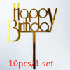 A set of ten gold acrylic happy birthday cake toppers shaped like the words Happy Birthday