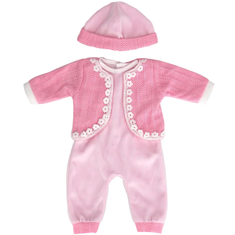 A pink doll outfit set for a baby or child, including a matching hooded top and pants.