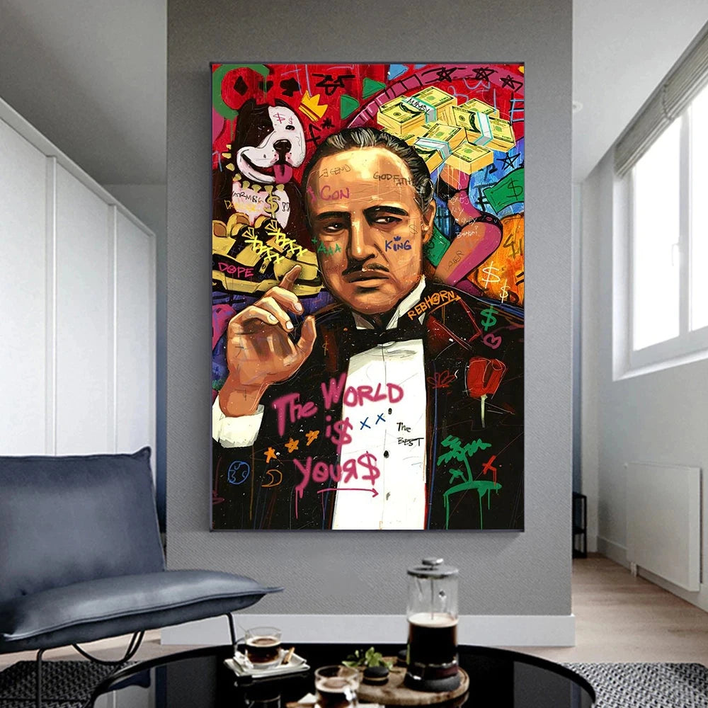 A vibrant abstract graffiti canvas wall art print featuring a portrait of a man with intense expression.