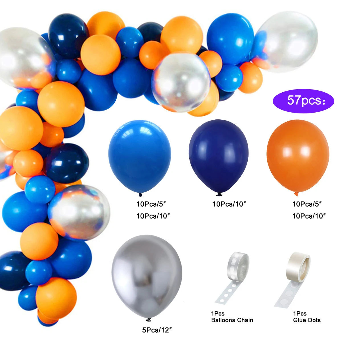 Collection de ballons colorés dans diverses nuances, y compris orange, jaune, bleu et argent, avec accessoires.