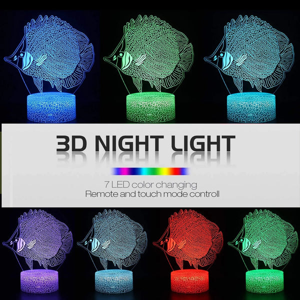 A set of three 3D fish LED night lights showing various colors and designs with remote and touch control features.