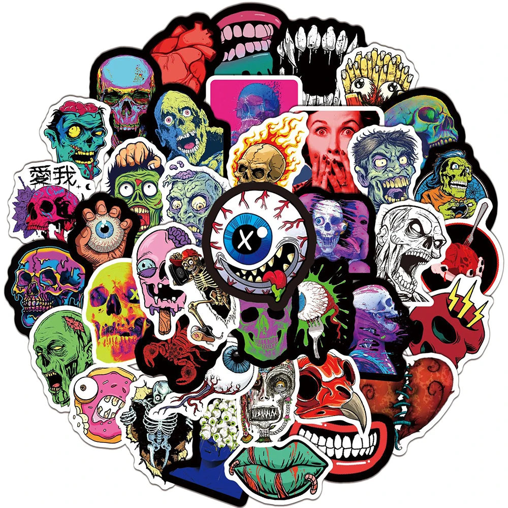 A collection of various horror skull and zombie decals for laptops and accessories.