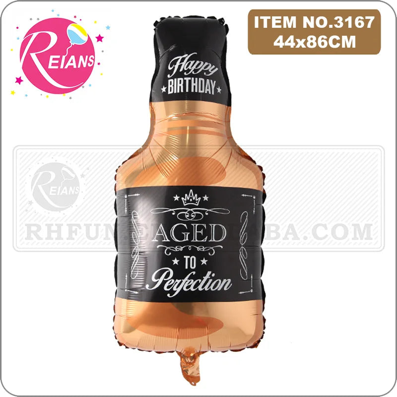 A gold foil balloon shaped like a champagne bottle with 'Happy Birthday' and 'To Perfection' text.