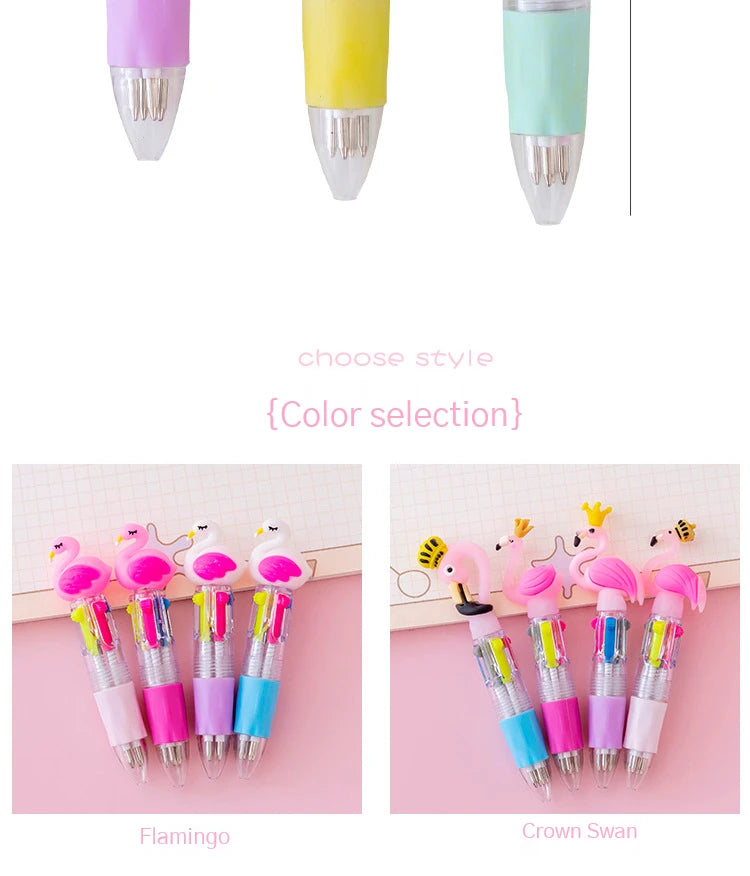 A set of five cute cartoon mini ballpoint pens in various colors, including pink, yellow, and mint green.