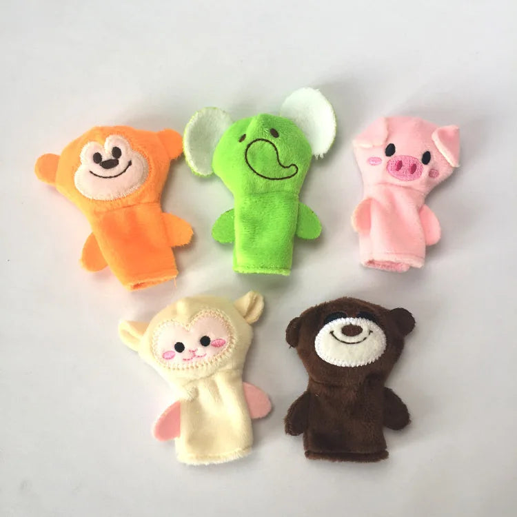 A set of four plush finger puppets depicting family animals: an orange bear, a green elephant, a pink pig, and a brown bear.