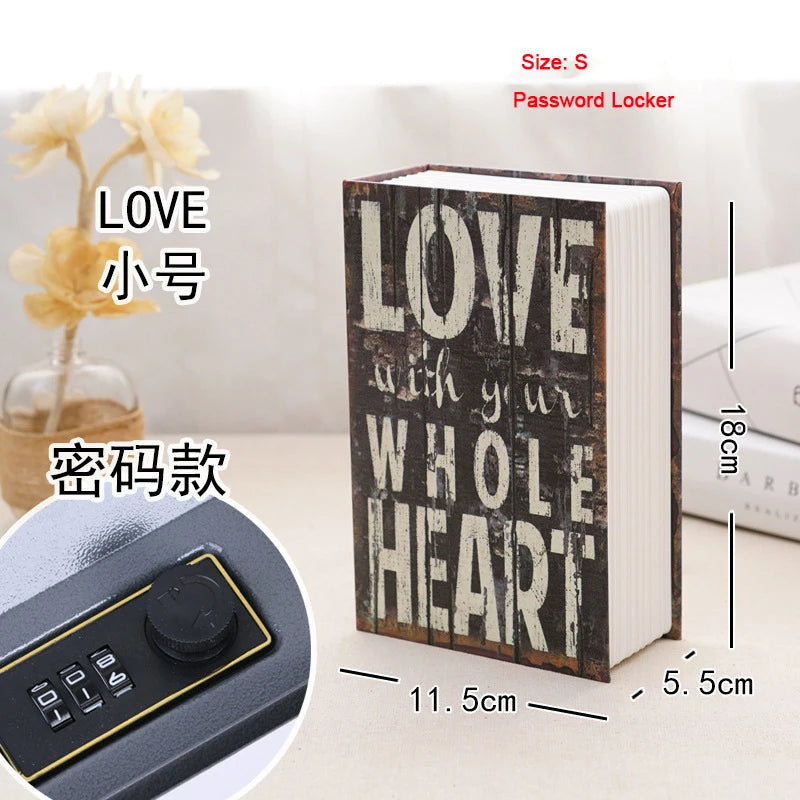 A dark wooden book safe with a combination lock and a leather-bound book displayed next to it.