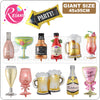A collection of aluminum foil champagne bottles, balloons, and glassware for parties.