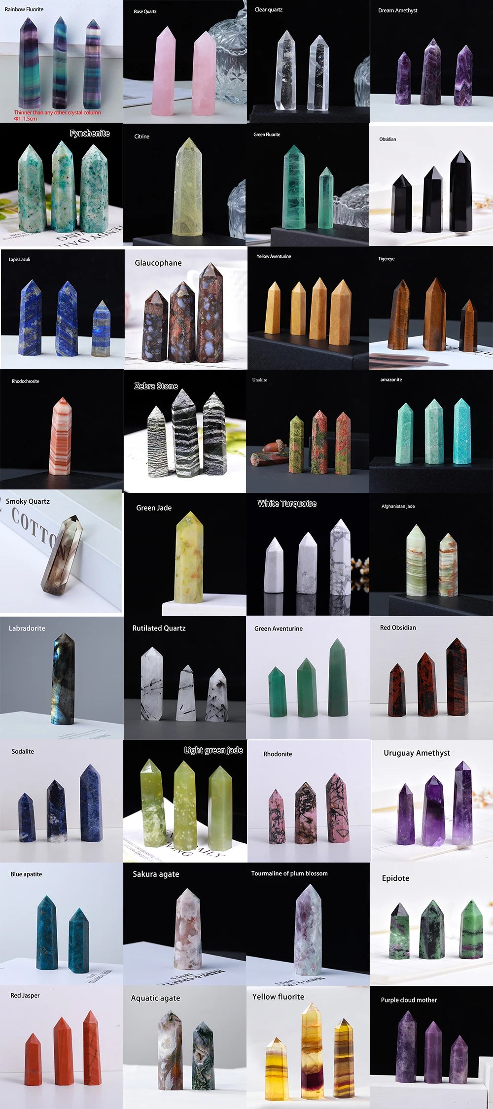 A collection of natural crystal point prisms and towers in various colors like pink, green, blue, and purple.