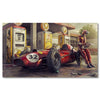 A vintage red Formula 1 race car and a driver in racing gear are parked near old fuel pumps.