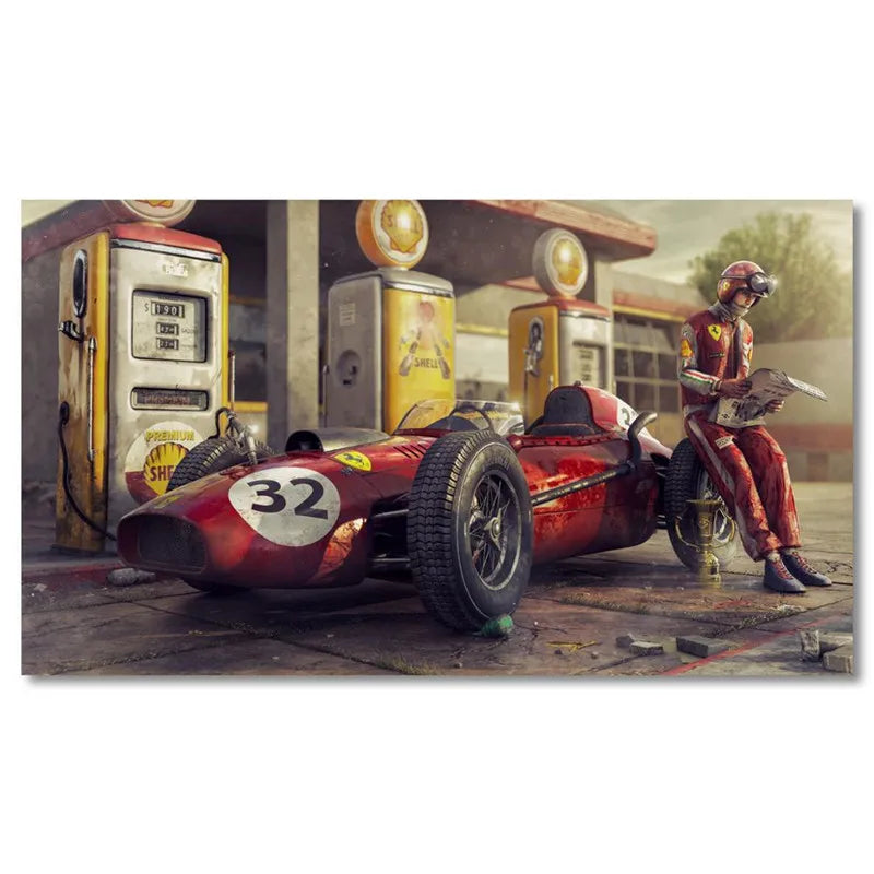 A vintage red Formula 1 race car and a driver in racing gear are parked near old fuel pumps.