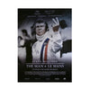 A black and white poster for the film The Man & Le Mans featuring a man making a peace sign.