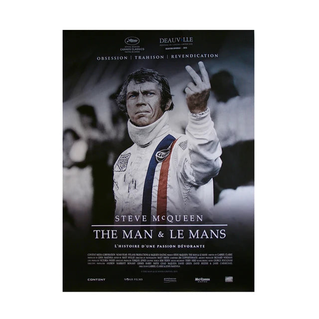 A black and white poster for the film The Man & Le Mans featuring a man making a peace sign.