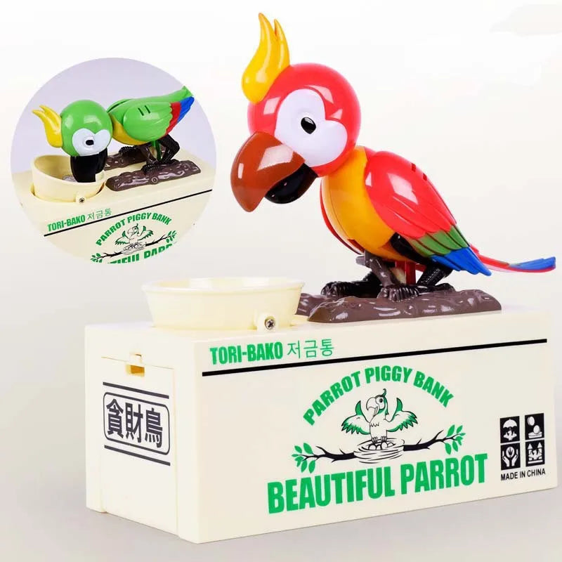 A parrot figurine in a red and yellow color is displayed on a white box, with a smaller bird shown in an inset.