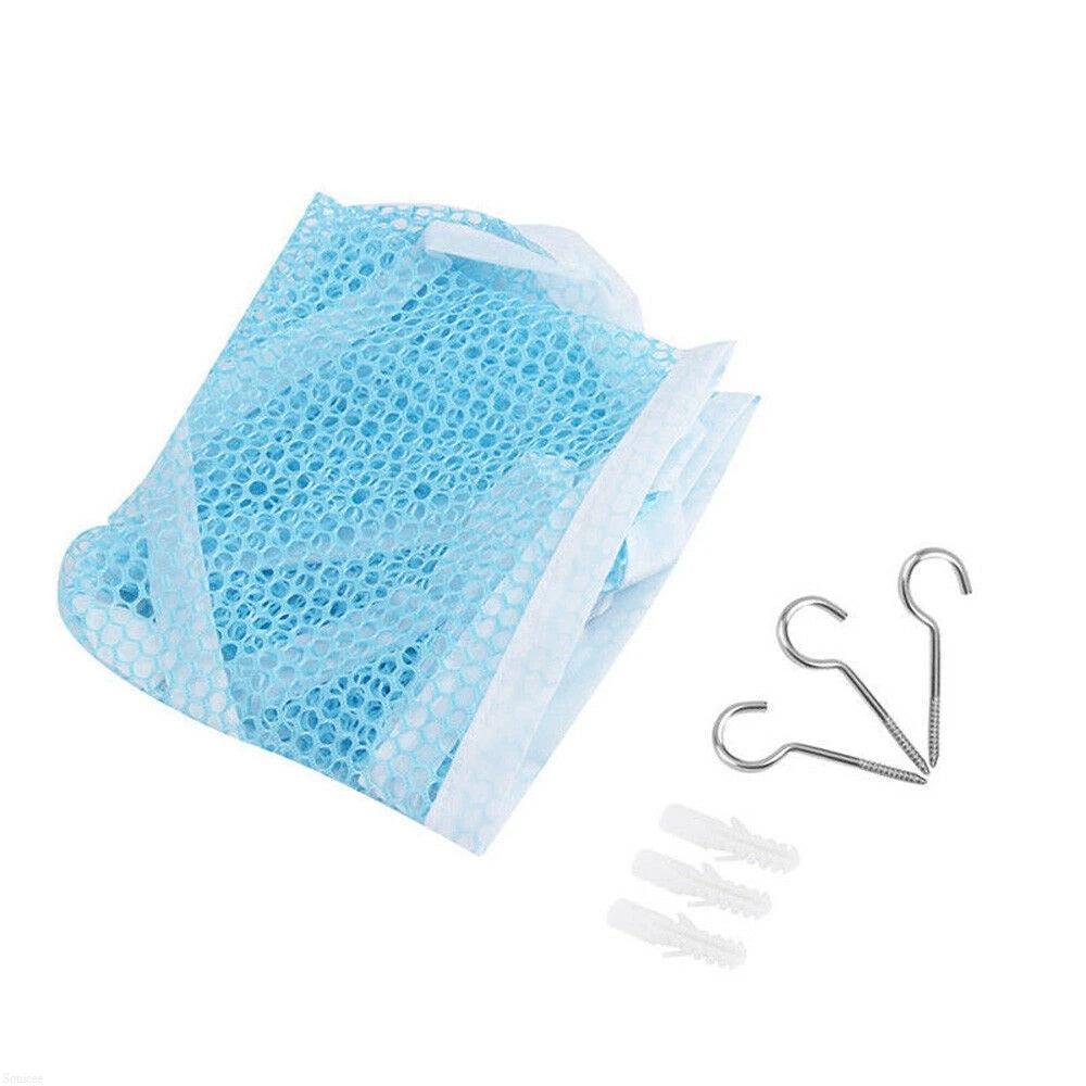 Light blue mesh toy hammock for stuffed animals and storage