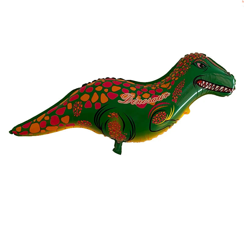 A green dinosaur foil balloon decoration featuring orange and red patterns.