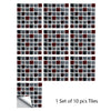 A set of ten square tiles in various shades of gray and dark red for decorative wall art