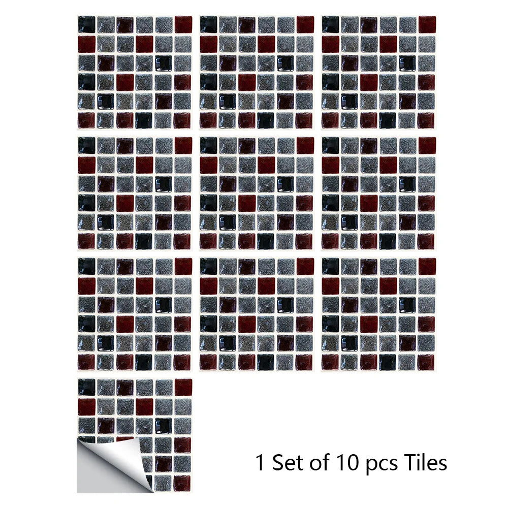 A set of ten square tiles in various shades of gray and dark red for decorative wall art