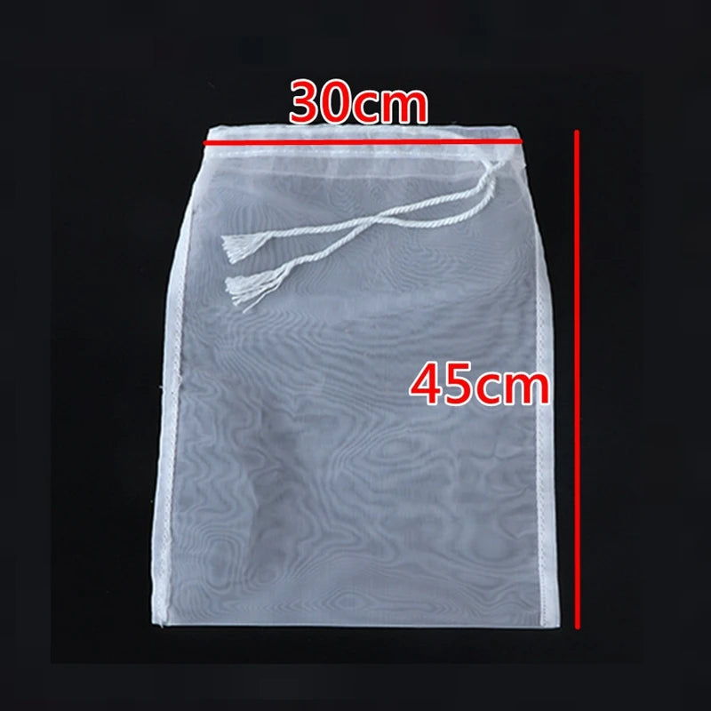 A clear fine mesh nylon filter bag is shown with dimensions of 30cm by 45cm.