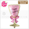 A pink and gold foil balloon shaped like a champagne bottle with a birthday message