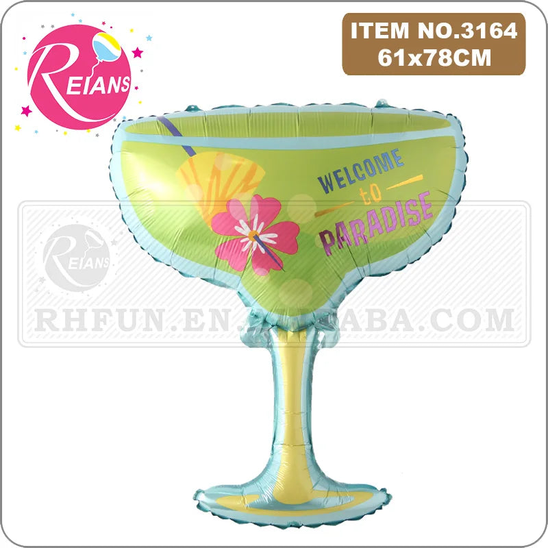A large, iridescent foil balloon shaped like a champagne bottle with a gold stem and green and pink accents.