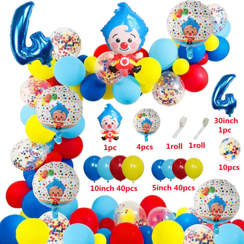 A colorful set of cartoon clown arch party balloons in various colors and sizes.