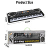 A 61-key electronic keyboard with a microphone and stand shown in various sizes.