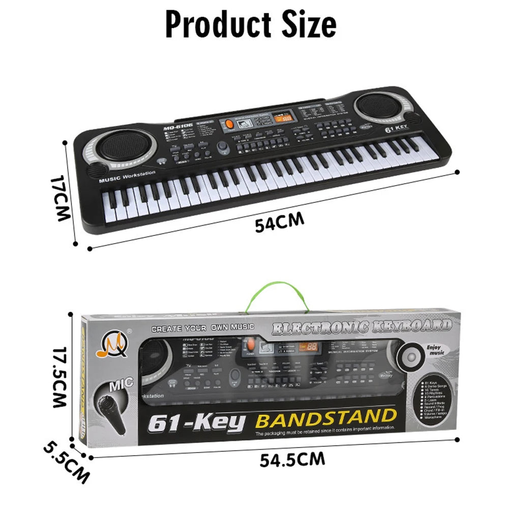 A 61-key electronic keyboard with a microphone and stand shown in various sizes.