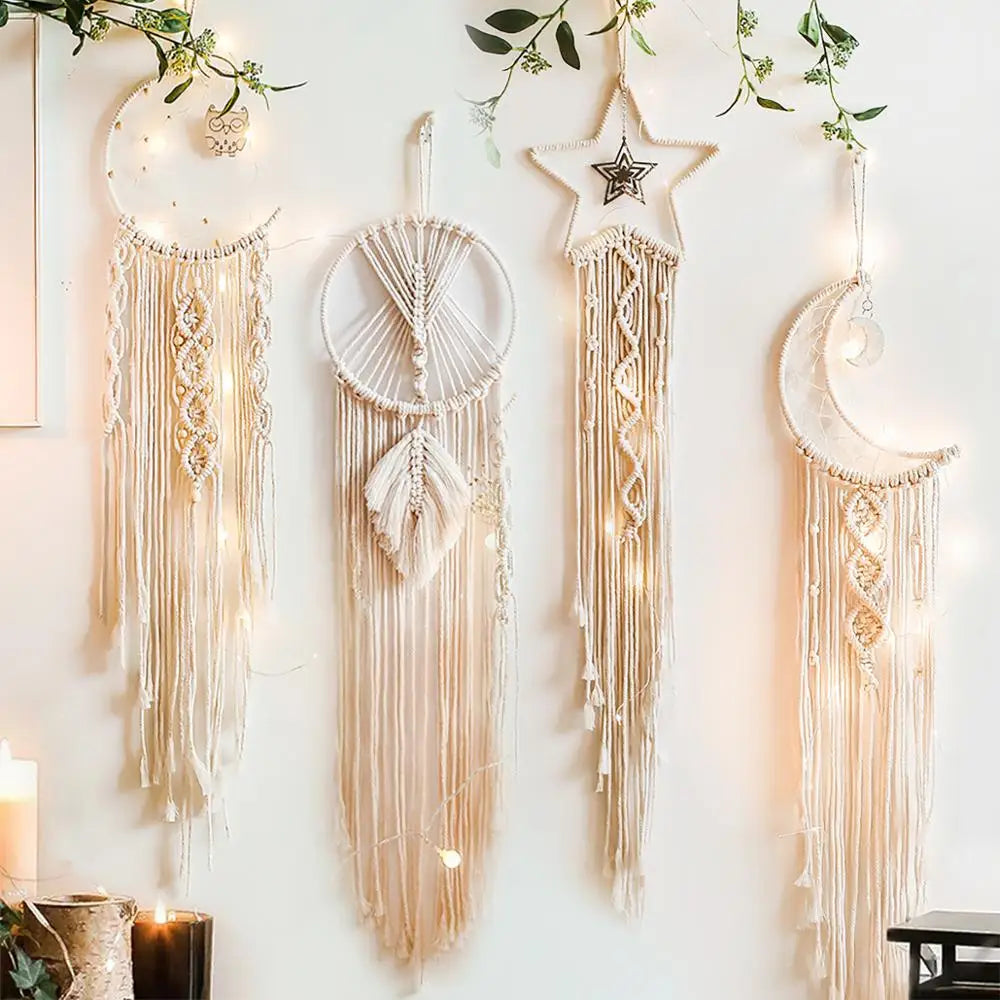 Boho macrame dream catcher wall decor featuring multiple hanging macrame pieces in neutral tones.